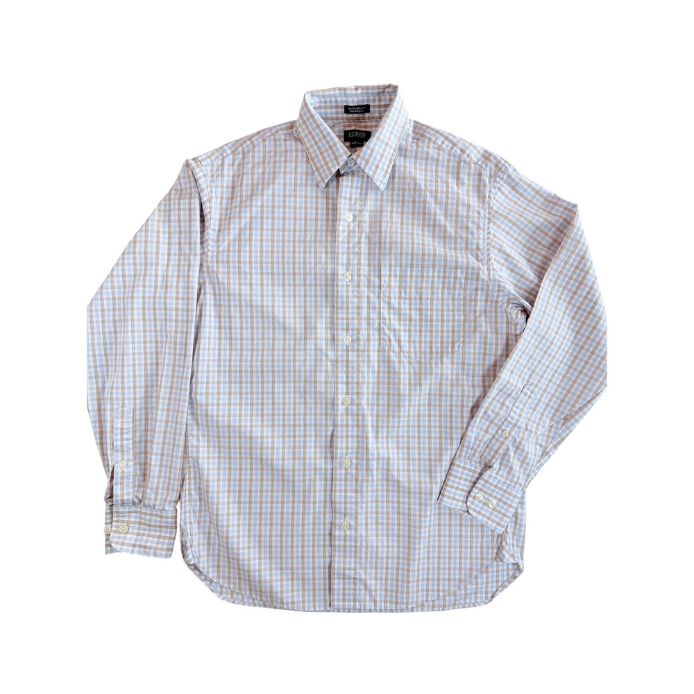 J.Crew Button Down Shirt Mens S Tan Blue Plaid Long Sleeve Slim Fit